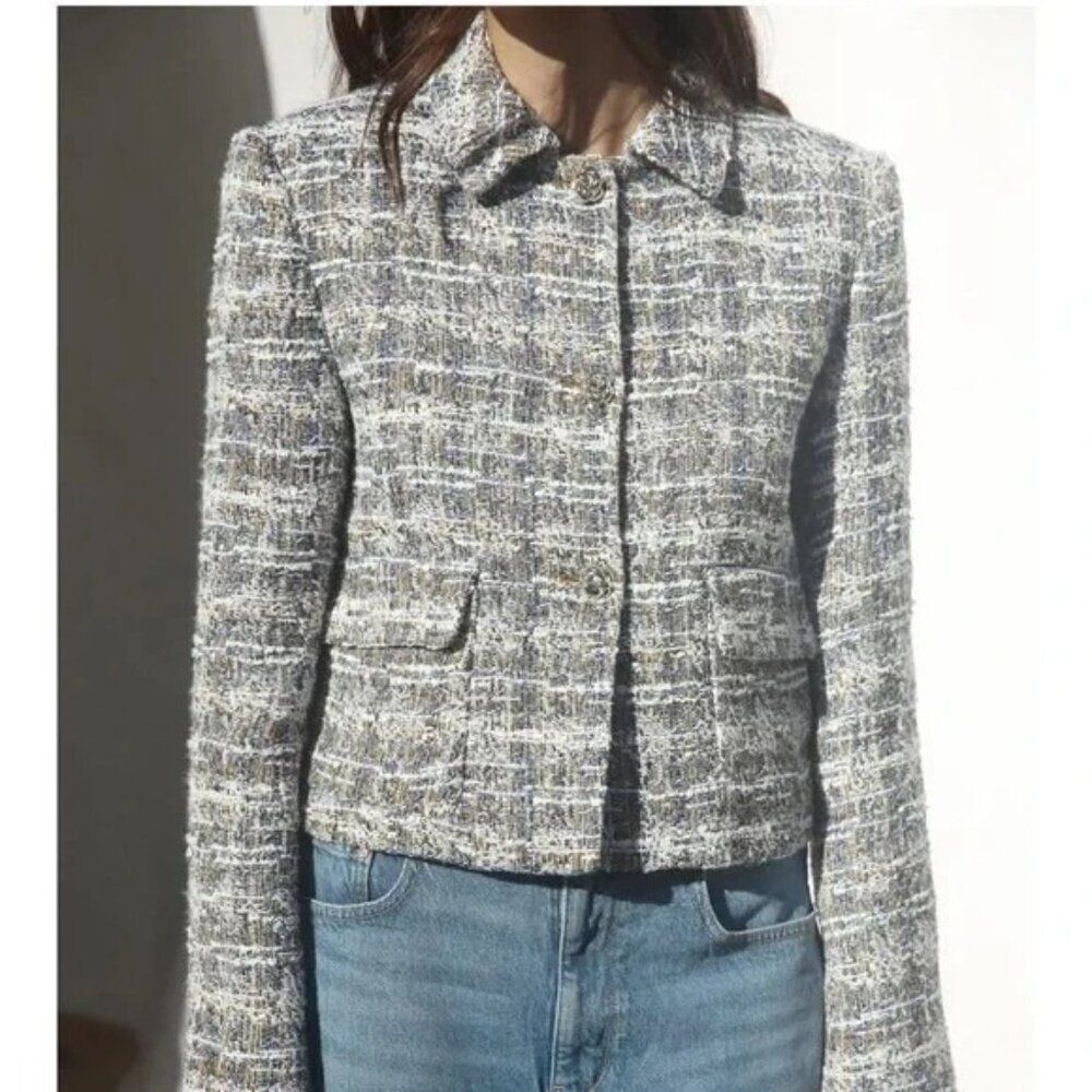 Zara Womens Blazer Jacket XL Gold White Textured Plaid Tweed Crop 2146/119 NWT
